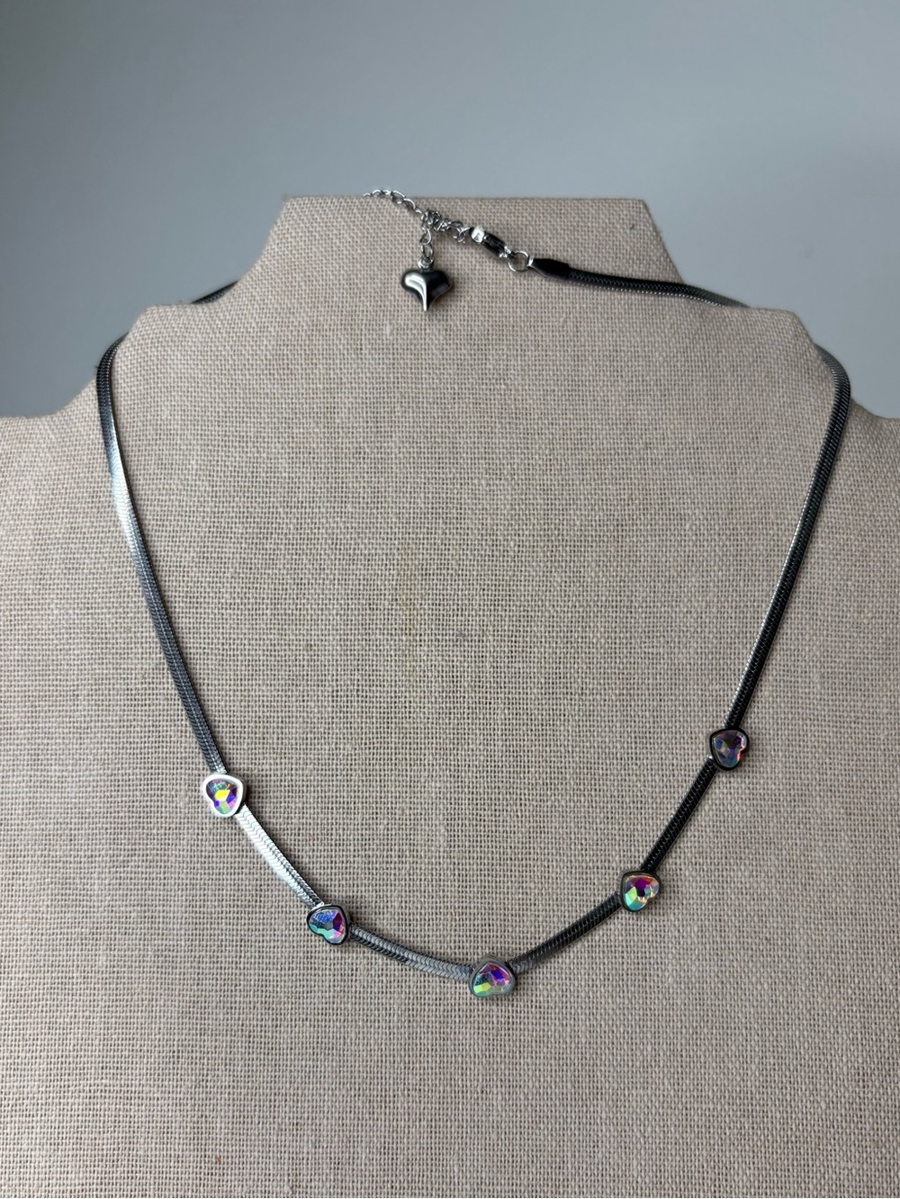 Iridescent Heart Accent Black Snake Chain Necklace